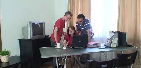  Very old granny threesome sex in the office